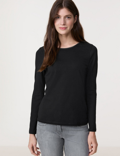 GERRY WEBER Damen Basic Langarmshirt mit Satinblende 64cm Rundhals Baumwolle Schwarz von Gerry Weber