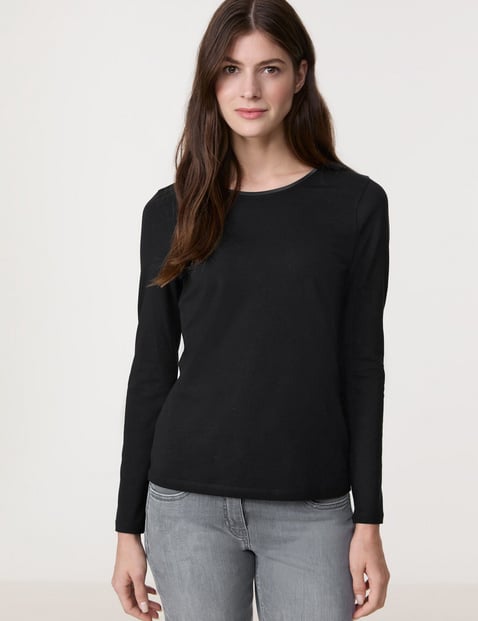 GERRY WEBER Damen Basic Langarmshirt mit Satinblende 64cm Rundhals Baumwolle Schwarz von Gerry Weber