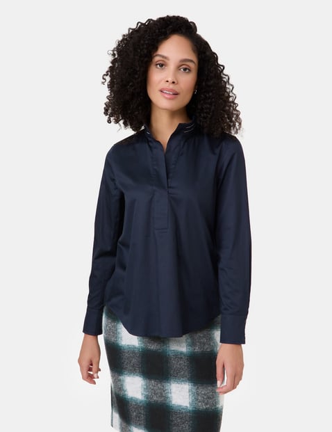 GERRY WEBER Damen Baumwollbluse mit dekorativem Stehkragen 70cm Langarm Offener Kragen Baumwolle Blau von Gerry Weber