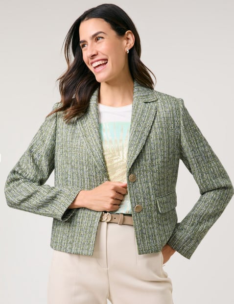 GERRY WEBER Damen Blazerjacke in Bouclé-Optik 52 cm Reverskragen Langarm melange Grün von Gerry Weber