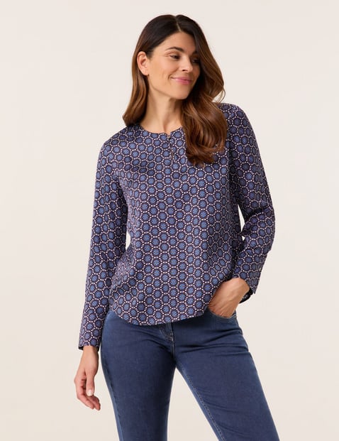 GERRY WEBER Damen Bluse aus nachhaltiger Viskosequalität 64cm Langarm Rundhals, Blau gemustert von Gerry Weber