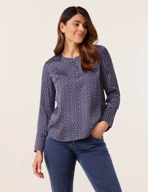 GERRY WEBER Damen Bluse aus nachhaltiger Viskosequalität 64 cm Rundhals Langarm gemustert Blau von Gerry Weber