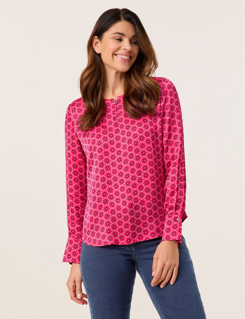 GERRY WEBER Damen Bluse aus nachhaltiger Viskosequalität 64cm Langarm Rundhals, Pink gemustert von Gerry Weber