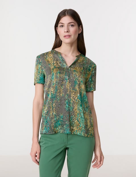 GERRY WEBER Damen Gemustertes Blusenshirt mit Falten 66cm Kurzarm Tunika-Ausschnitt Viskose Mehrfarbig gemustert von Gerry Weber