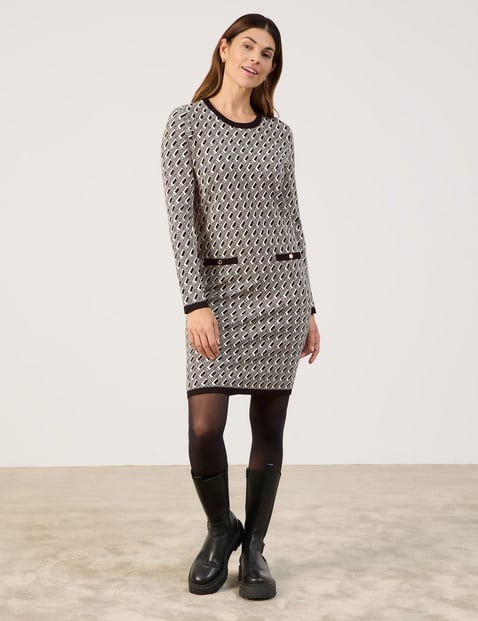 GERRY WEBER Damen Elegantes Strickkleid mit Jacquard-Muster Langarm Rundhals Viskose Schwarz gemustert von Gerry Weber