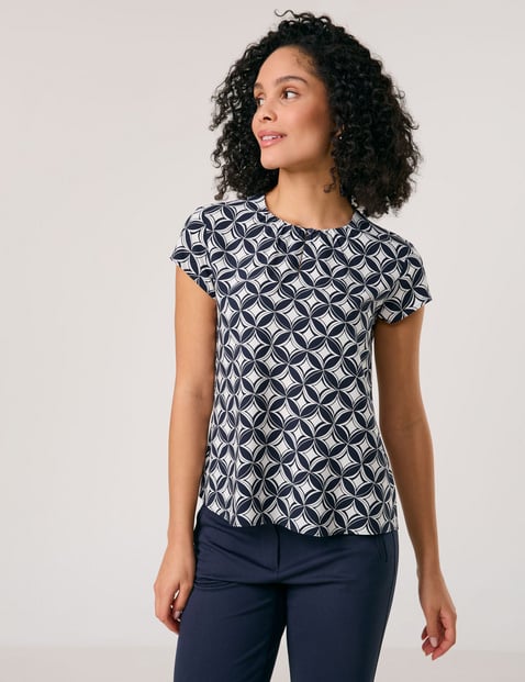 GERRY WEBER Damen Fließendes Blusenshirt Viskose 66 cm Rundhals Kurzarm gemustert Blau von Gerry Weber