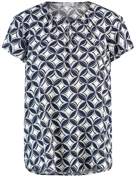 GERRY WEBER Damen Fließendes Blusenshirt 66cm Kurzarm Rundhals, Blau gemustert von Gerry Weber