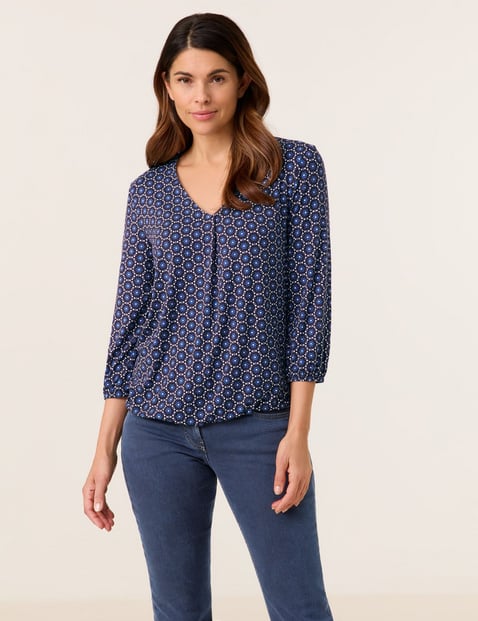 GERRY WEBER Damen Gemustertes 3/4 Arm Shirt Viskose 64 cm V-Ausschnitt gemustert Blau von Gerry Weber