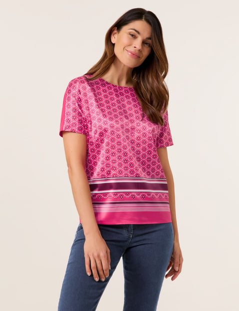 GERRY WEBER Damen Gemustertes Blusenshirt mit Material-Patch Modal Rundhals Kurzarm unifarben Pink von Gerry Weber