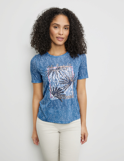 GERRY WEBER Damen Gemustertes T-Shirt mit Frontprint 64 cm Rundhals Kurzarm gemustert Blau von Gerry Weber