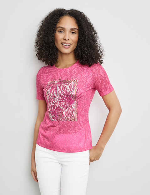 GERRY WEBER Damen Gemustertes T-Shirt mit Frontprint 64 cm Rundhals Kurzarm gemustert Pink von Gerry Weber