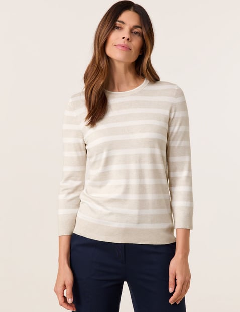 GERRY WEBER Damen Geringelter 3/4 Arm Pullover 3/4 Arm|Breite Rippenbündchen Viskose, Beige von Gerry Weber