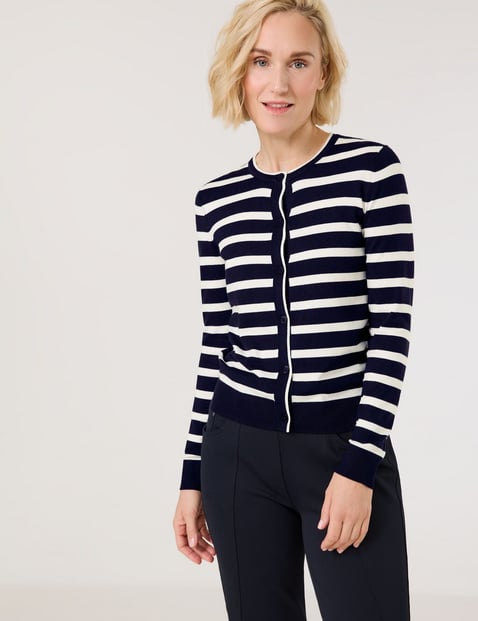 GERRY WEBER Damen Geringelter Cardigan aus nachhaltigem Material 58cm Langarm Rundhals, Blau gestreift von Gerry Weber