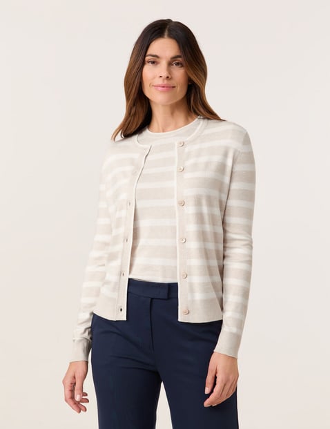 GERRY WEBER Damen Geringelter Cardigan aus nachhaltigem Material Langarm|Breite Rippenbündchen Viskose, Beige von Gerry Weber