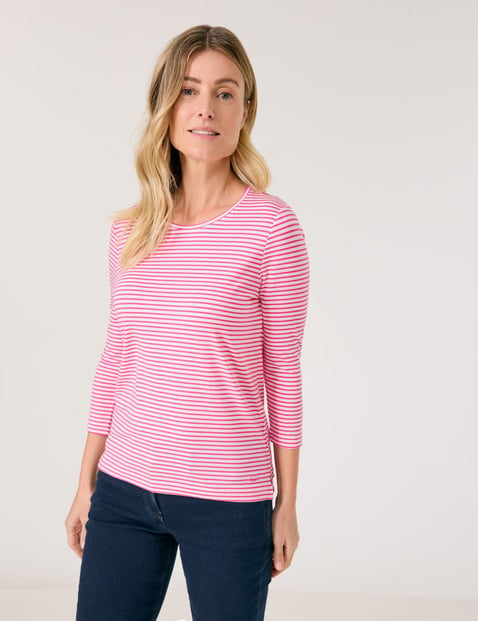 GERRY WEBER Damen Geringeltes 3/4 Arm Shirt 62 cm Rundhals gestreift Pink von Gerry Weber