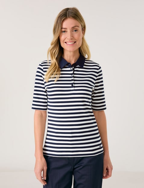 GERRY WEBER Damen Geringeltes Poloshirt aus reiner Baumwolle 64 cm Shirt Polokragen Halber Arm gestreift Blau von Gerry Weber