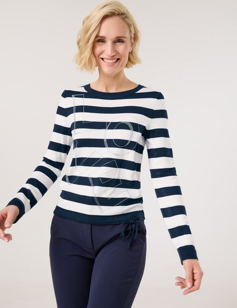 GERRY WEBER Damen Gestreifter Pullover mit Ziersteinchen Langarm Viskose, Blau von Gerry Weber