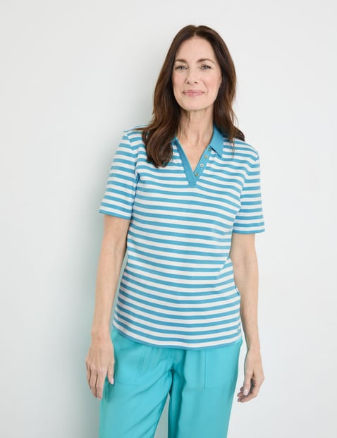 GERRY WEBER Damen Gestreiftes Poloshirt aus nachhaltiger Baumwolle 64 cm Poloshirts Hemdkragen Kurzarm gestreift Blau von Gerry Weber