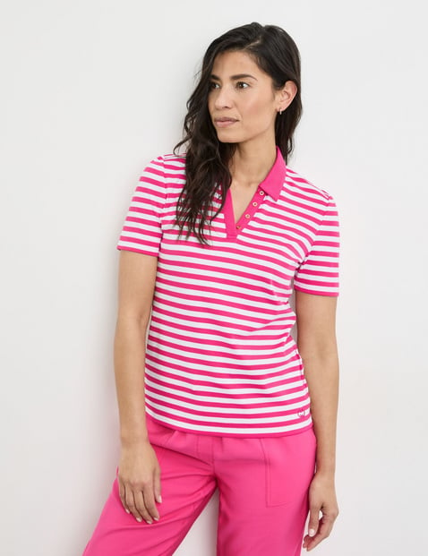 GERRY WEBER Damen Gestreiftes Poloshirt aus nachhaltiger Baumwolle 64 cm Poloshirts Hemdkragen Kurzarm gestreift Pink von Gerry Weber