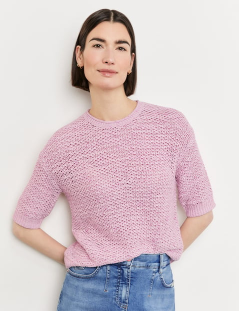 GERRY WEBER Damen Halbarm-Pullover in Lochstrick Kurzarm Rundhals Baumwolle Pink von Gerry Weber