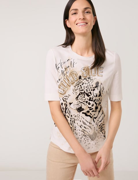 GERRY WEBER Damen Halbarmshirt mit Animal-Frontprint Baumwolle 62 cm Shirt Rundhals Halber Arm unifarben Weiss von Gerry Weber