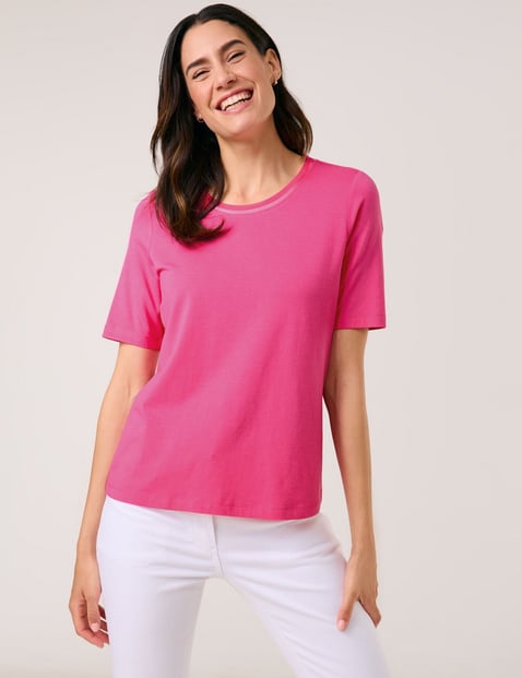 GERRY WEBER Damen Halbarmshirt mit Chiffonblende Modal 62 cm Shirt Rundhals Halber Arm unifarben Pink von Gerry Weber