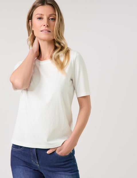 GERRY WEBER Damen Halbarmshirt mit Chiffonblende 62cm Halber Arm Rundhals Modal, Weiss von Gerry Weber