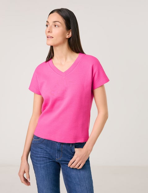 GERRY WEBER Damen Kurzarmshirt in Waffeloptik Baumwolle 60 cm Shirt V-Ausschnitt unifarben Pink von Gerry Weber