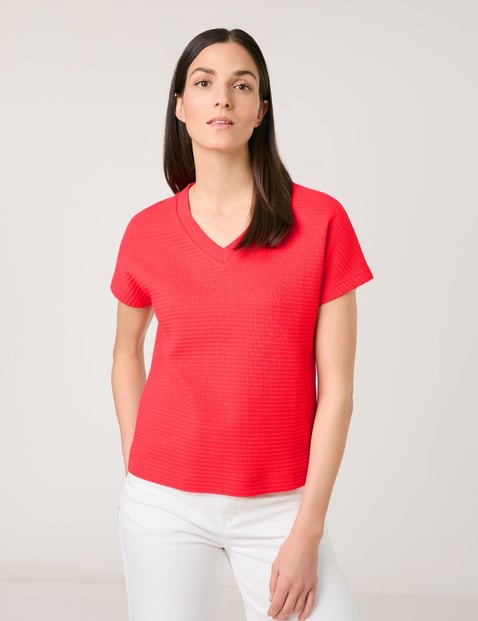 GERRY WEBER Damen Kurzarmshirt in Waffeloptik 60 cm Shirt V-Ausschnitt unifarben Rot von Gerry Weber