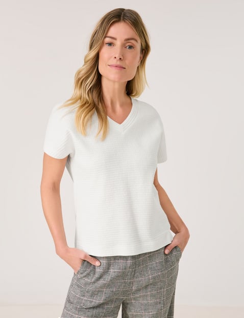 GERRY WEBER Damen Kurzarmshirt in Waffeloptik Baumwolle 60 cm Shirt V-Ausschnitt unifarben Weiss von Gerry Weber