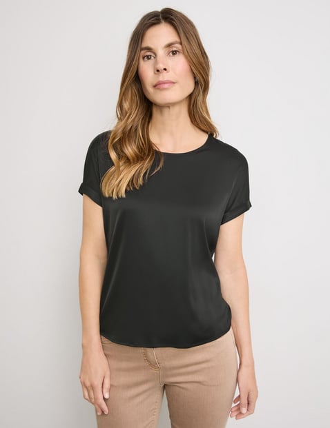 GERRY WEBER Damen Kurzarmshirt mit Material-Patch 64cm Rundhals Baumwolle Schwarz von Gerry Weber