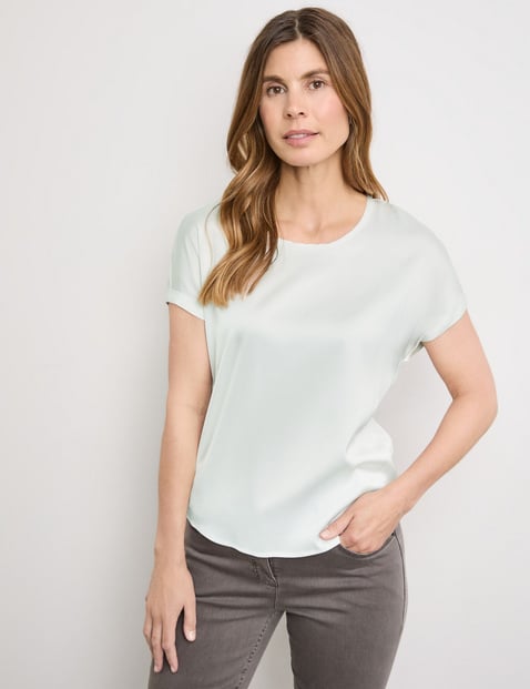 GERRY WEBER Damen Kurzarmshirt mit Material-Patch 64cm Rundhals Baumwolle Weiss von Gerry Weber