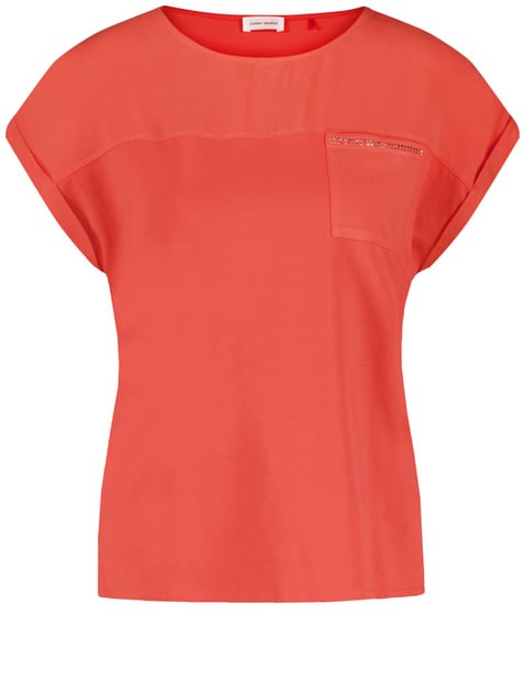 GERRY WEBER Damen Kurzarmshirt mit Material-Patch und Ziersteinchen 62 cm Shirt Rundhals unifarben Orange von Gerry Weber