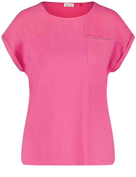 GERRY WEBER Damen Kurzarmshirt mit Material-Patch und Ziersteinchen Modal 62 cm Shirt Rundhals unifarben Pink von Gerry Weber