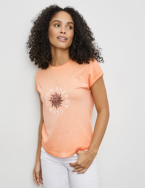 GERRY WEBER Damen Kurzarmshirt mit Wording-Print 62cm Rundhals Baumwolle Orange von Gerry Weber