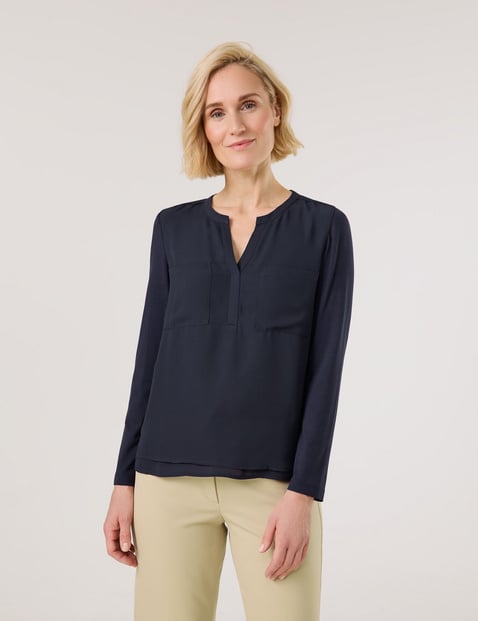 GERRY WEBER Damen Langarm Blusenshirt mit Material-Patch Viskose 64 cm Tunika-Ausschnitt unifarben Blau von Gerry Weber