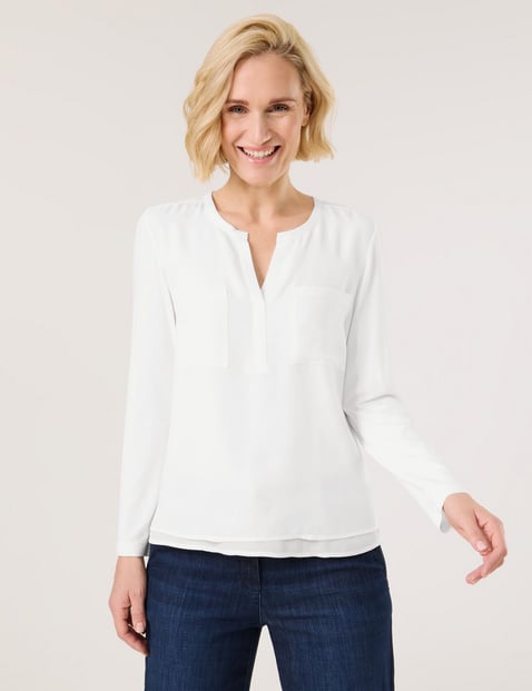 GERRY WEBER Damen Langarm Blusenshirt mit Material-Patch Viskose 64 cm Tunika-Ausschnitt unifarben Weiss von Gerry Weber