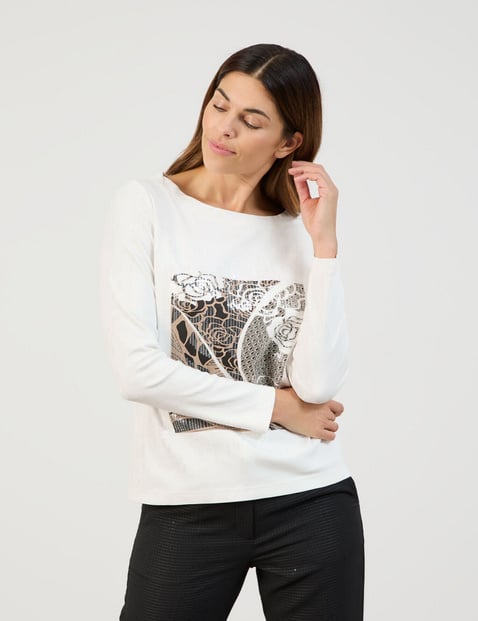 GERRY WEBER Damen Langarmshirt mit Frontprint und Pailletten 60cm Rundhals Baumwolle Weiss von Gerry Weber