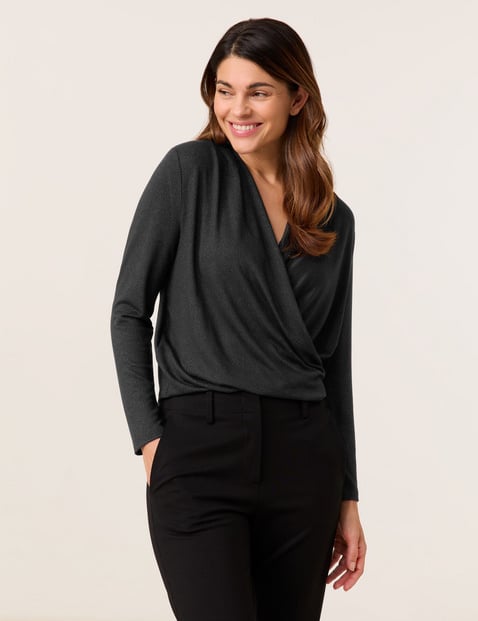 GERRY WEBER Damen Glitzerndes Shirt mit Wickeleffekt Viskose 53 cm Wickelausschnitt Langarm unifarben Schwarz von Gerry Weber