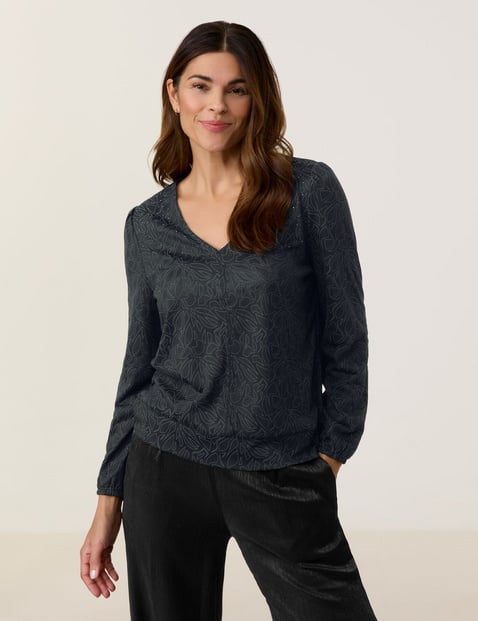 GERRY WEBER Damen Langarmshirt mit Ziersteinchen 62cm V-Ausschnitt Schwarz gemustert von Gerry Weber