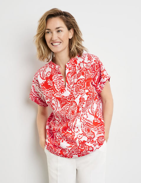 GERRY WEBER Damen Legeres Blusenshirt aus Baumwolle 62cm Kurzarm Tunika-Ausschnitt Mehrfarbig gemustert von Gerry Weber