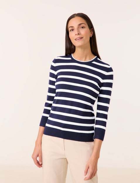 GERRY WEBER Damen Geringelter 3/4 Arm Pullover Rundhals Viskose, Blau gestreift von Gerry Weber