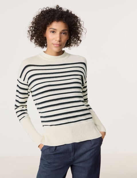 GERRY WEBER Damen Nachhaltiger Strickpullover Langarm Turtleneck Baumwolle Weiss gestreift von Gerry Weber