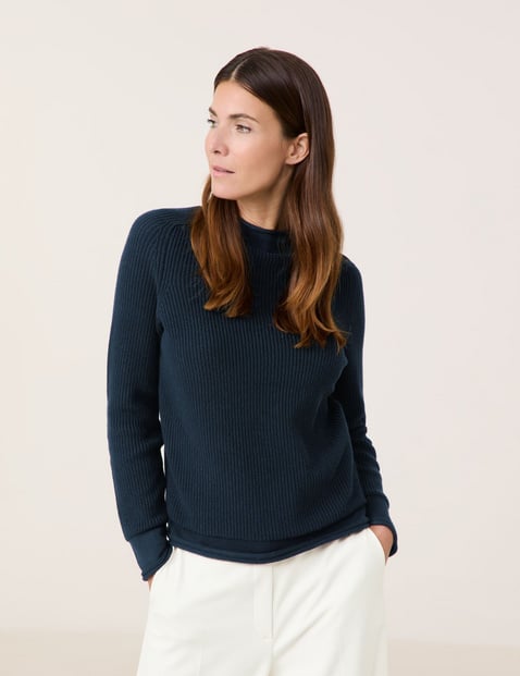 GERRY WEBER Damen Gerippter Pullover mit Dekozipper in der Seitennaht Langarm Turtleneck Baumwolle Blau von Gerry Weber