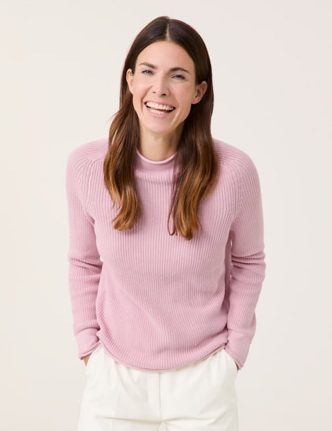 GERRY WEBER Damen Gerippter Pullover mit Dekozipper in der Seitennaht Langarm Turtleneck Baumwolle Pink von Gerry Weber