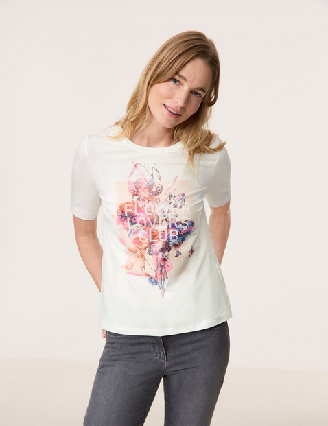 GERRY WEBER Damen Nachhaltiges Halbarmshirt mit Frontprint 64cm Halber Arm Rundhals Baumwolle Weiss von Gerry Weber