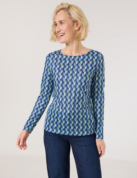 GERRY WEBER Damen Nachhaltiges Langarmshirt in Ausbrenner-Qualität 64cm Rundhals, Blau gemustert von Gerry Weber