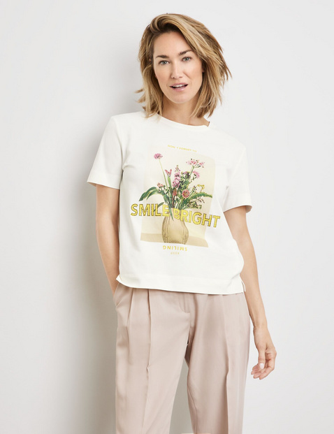 GERRY WEBER Damen Nachhaltiges T-Shirt mit Frontprint 60cm Halber Arm Rundhals Baumwolle Weiss von Gerry Weber