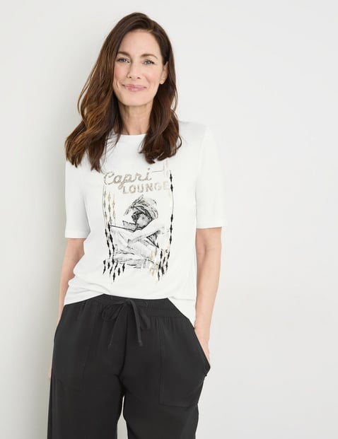 GERRY WEBER Damen Nachhaltiges T-Shirt mit Frontprint Viskose 64 cm Rundhals Kurzarm Weiss von Gerry Weber