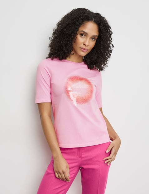 GERRY WEBER Damen Nachhaltiges T-Shirt mit Pailletten Baumwolle 64 cm Rundhals Kurzarm unifarben Pink von Gerry Weber